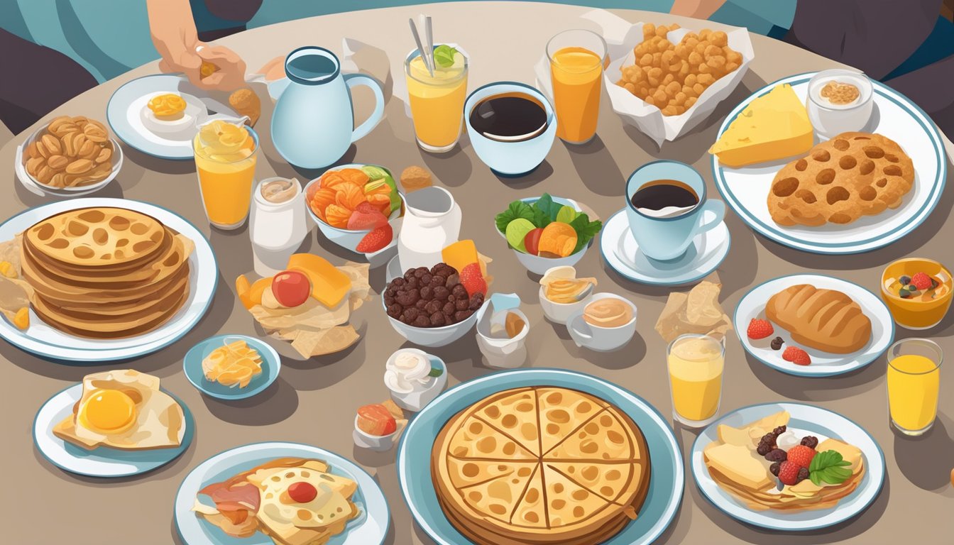 A table set with unhealthy breakfast foods, surrounded by unhappy, isolated figures