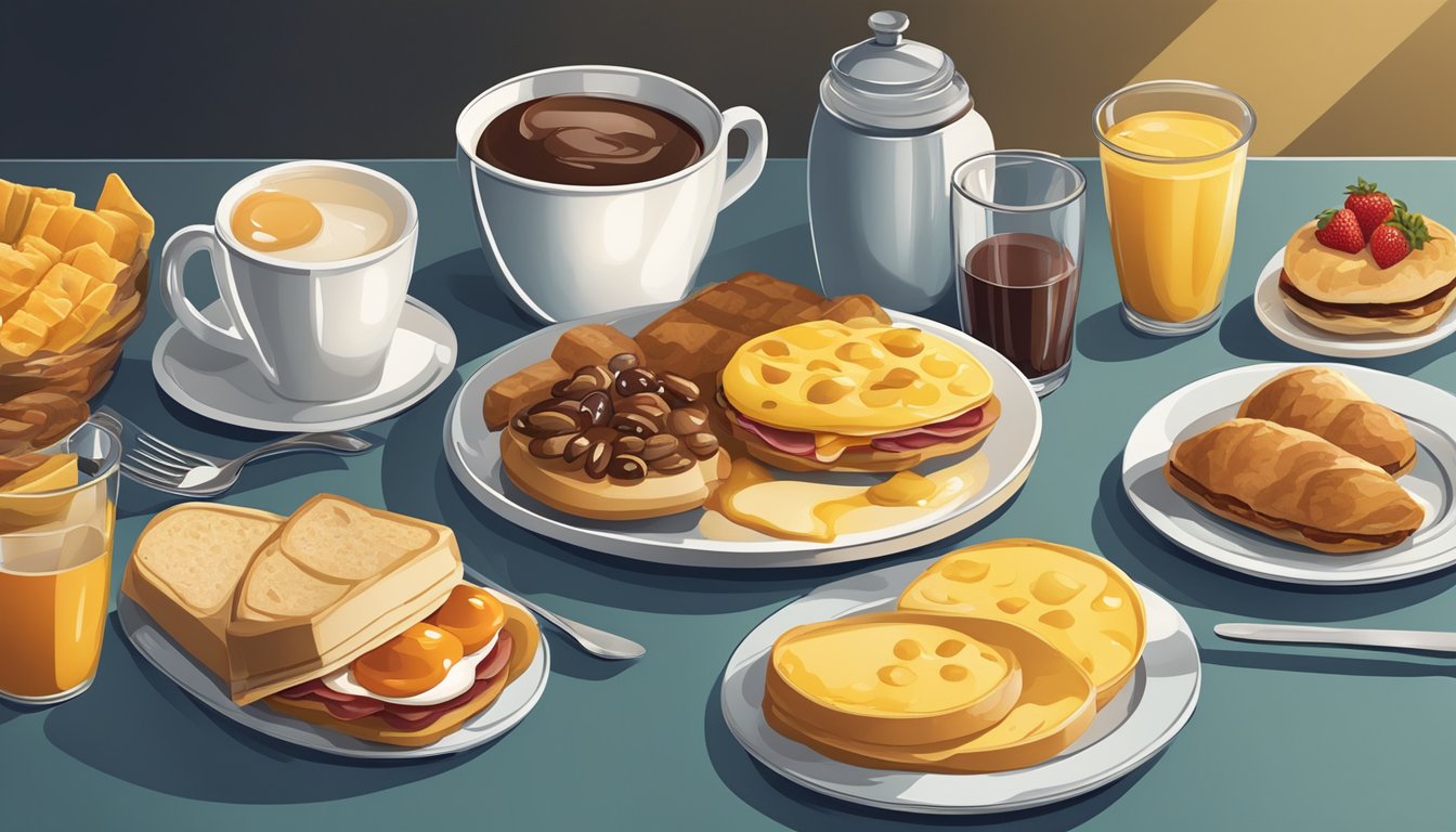 A table set with unhealthy breakfast foods, surrounded by ominous shadows