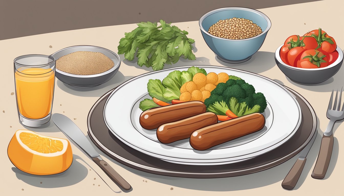 A plate of breakfast sausages surrounded by gluten-free grains and vegetables