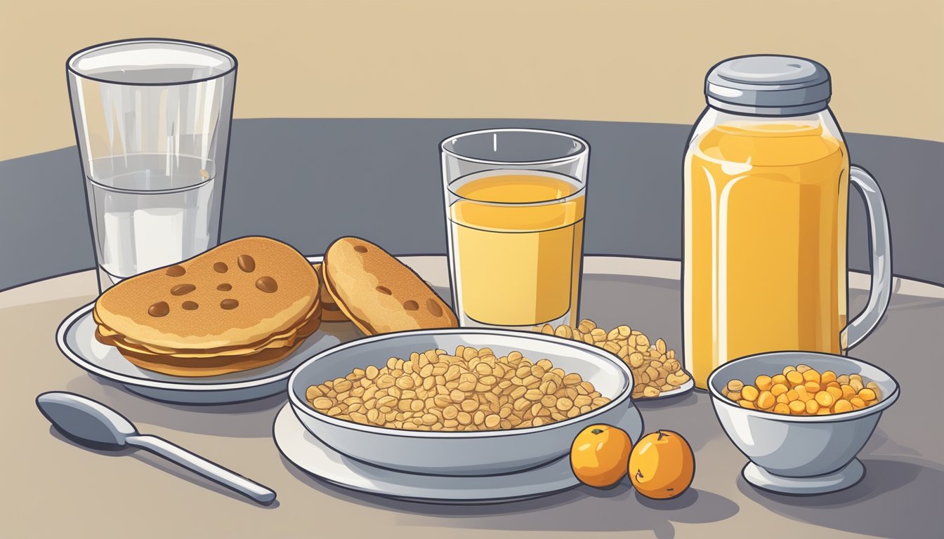 A table with a plate of sugary cereal, a glass of orange juice, and a breakfast sandwich, next to a scale and a frowning face