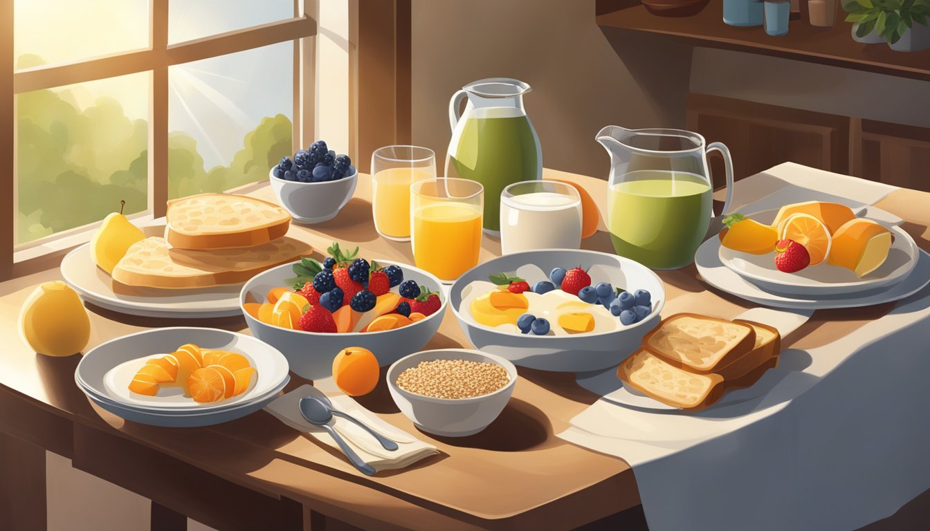 A table set with a variety of healthy breakfast options, including fruits, whole grains, and dairy products. Sunlight streams in through a window, casting a warm glow over the scene