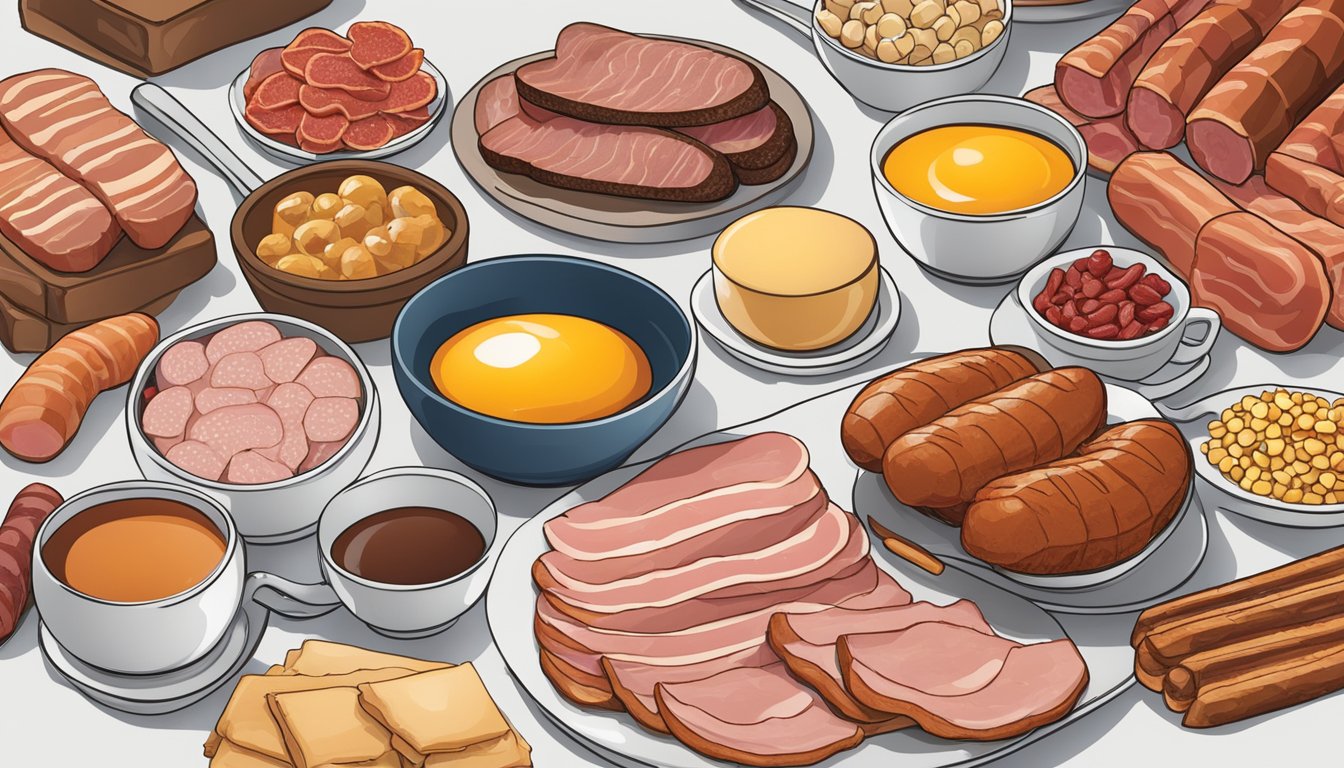 A variety of breakfast meats, including bacon, sausage, and ham, are displayed next to a selection of additives and preservatives