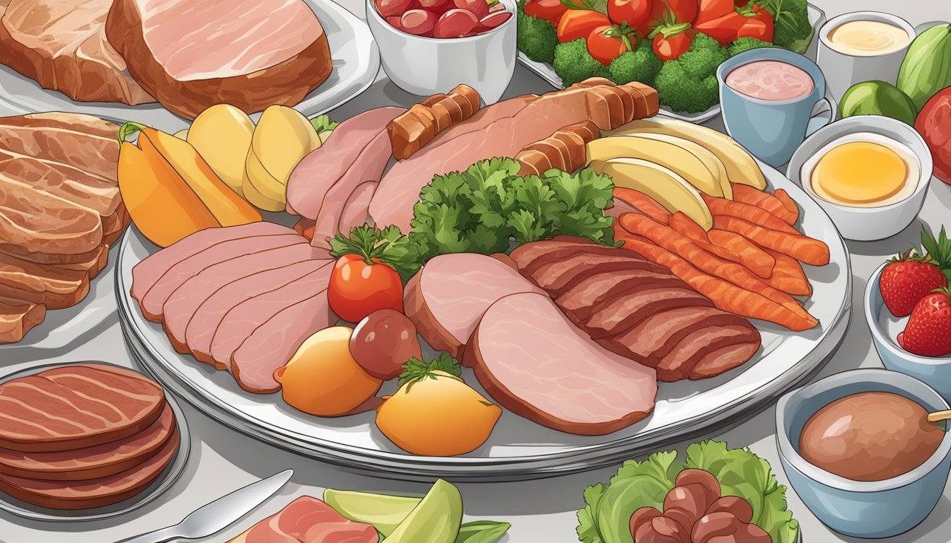 A plate with a selection of breakfast meats including turkey bacon, chicken sausage, and lean ham, surrounded by fresh fruits and vegetables