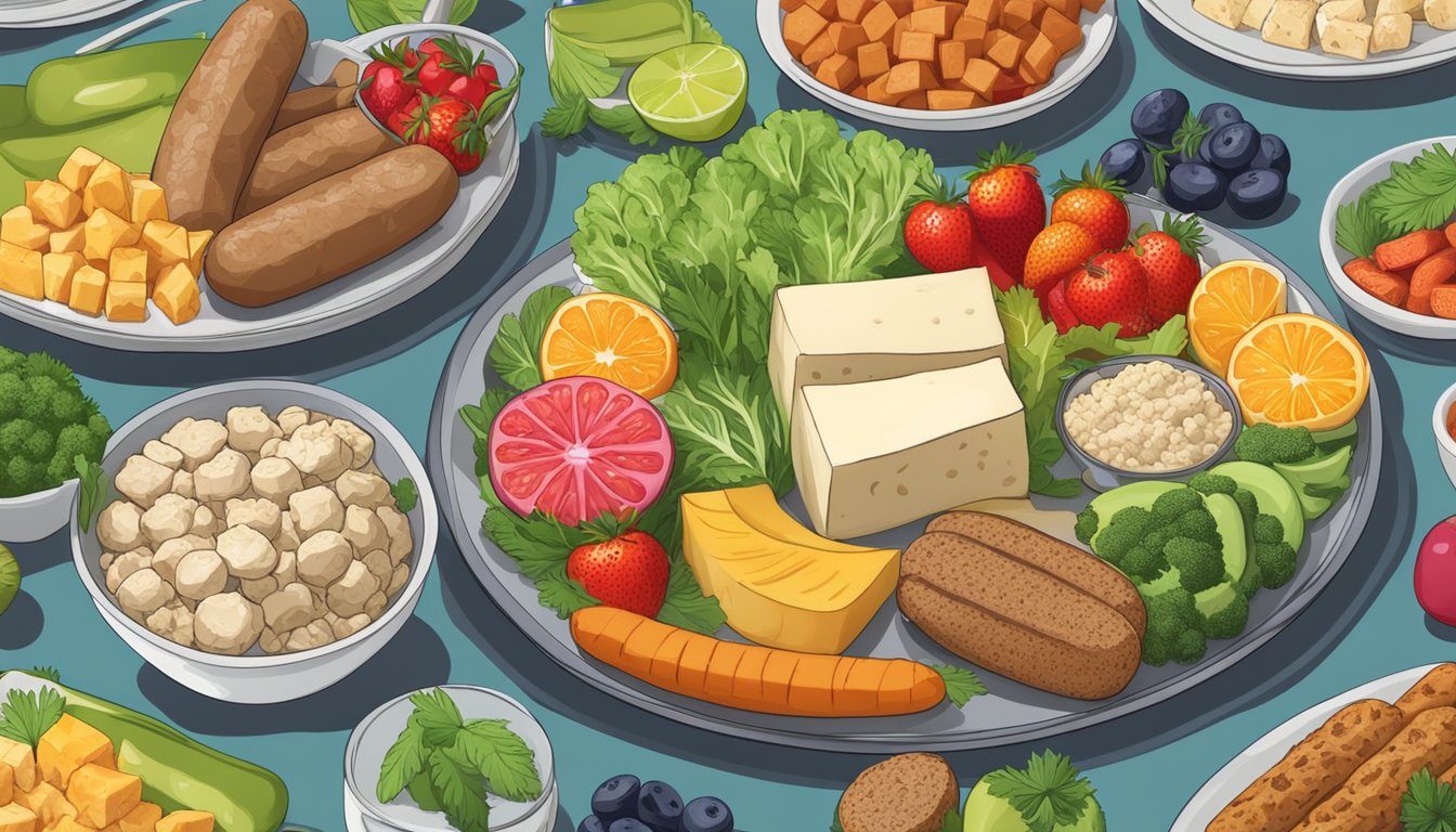 A plate with a variety of alternative protein sources such as tofu, tempeh, and plant-based sausages, alongside colorful fruits and vegetables