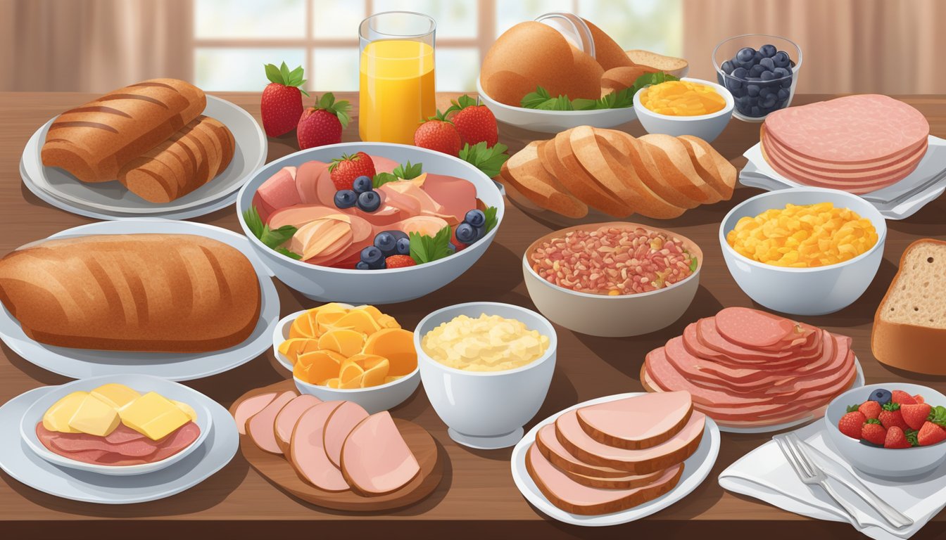 A table set with various breakfast meats, including turkey bacon, chicken sausage, and lean ham, surrounded by fresh fruits and whole grain bread