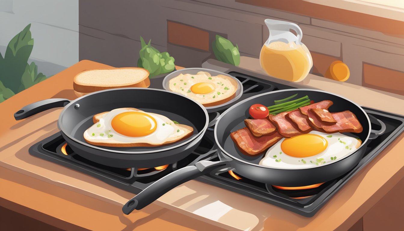 A sizzling pan with lean turkey bacon and eggs cooking on a stove, surrounded by fresh vegetables and whole grain toast