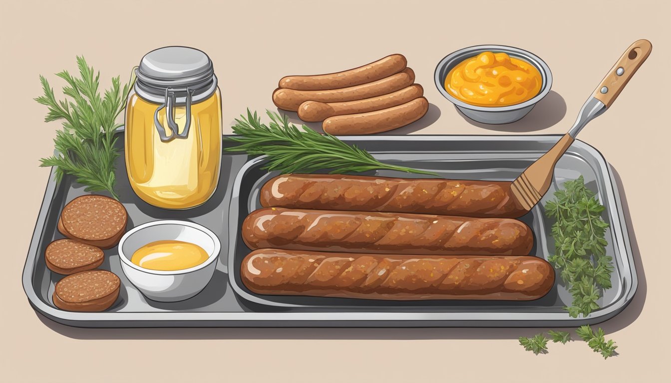 Breakfast sausage links arranged on a baking sheet with a brush of oil, surrounded by herbs, spices, and a baking dish