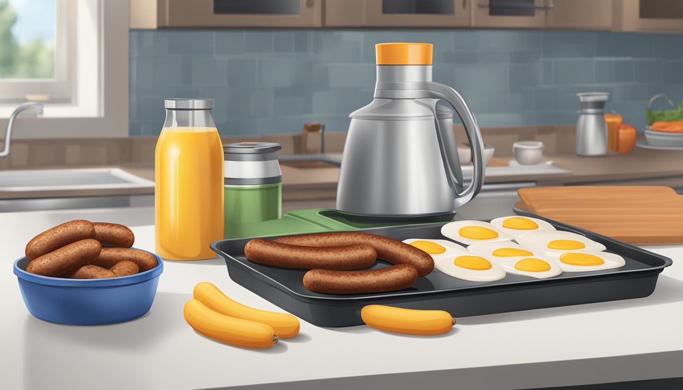 A kitchen counter with a package of breakfast sausage, a baking sheet, and various storage containers for leftover sausage