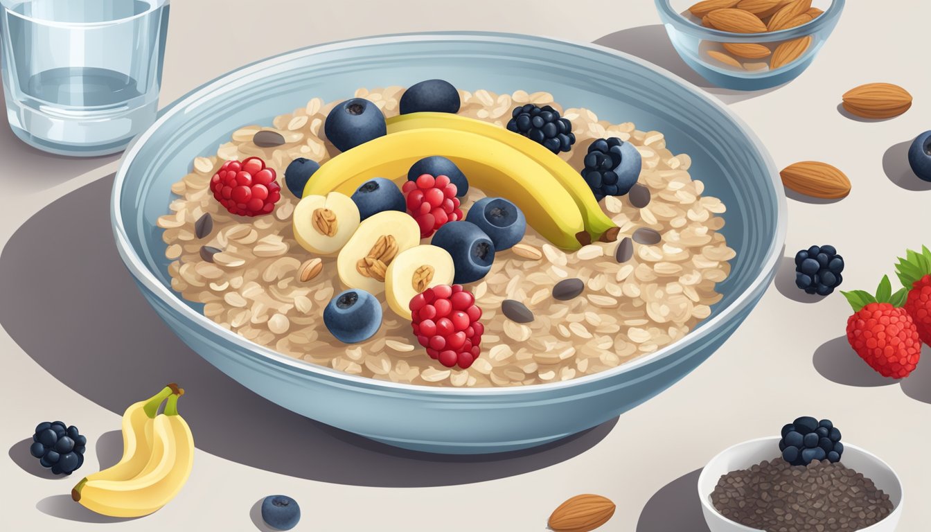 A bowl of oatmeal with fresh berries, sliced bananas, and a sprinkle of chia seeds, accompanied by a glass of water and a small plate of almonds and walnuts