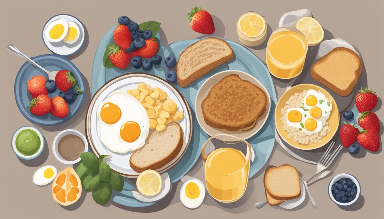 A table set with a variety of kidney-friendly breakfast options: oatmeal, whole grain toast, fresh fruit, and low-sodium eggs