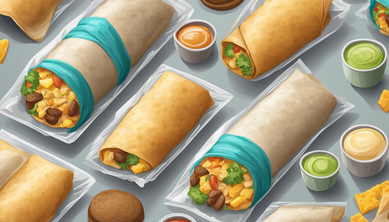 A variety of breakfast burritos arranged on a baking sheet, with one being wrapped in plastic wrap and placed in the freezer