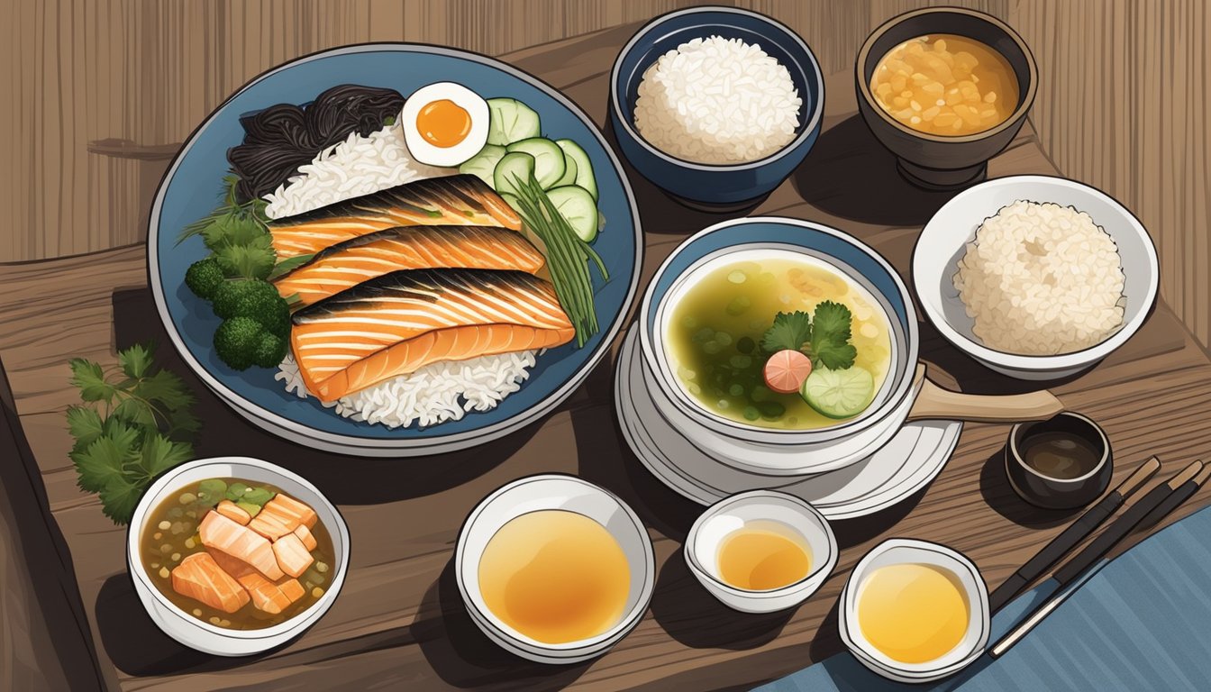 A Japanese breakfast with miso soup, rice, grilled fish, and pickled vegetables