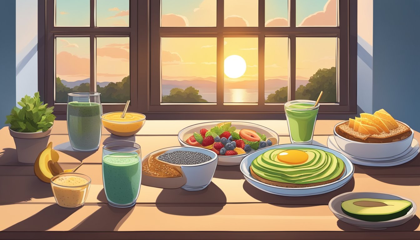 A table set with a variety of breakfast foods, including avocado toast, a smoothie bowl, and a chia seed pudding. Sunrise streams in through a window