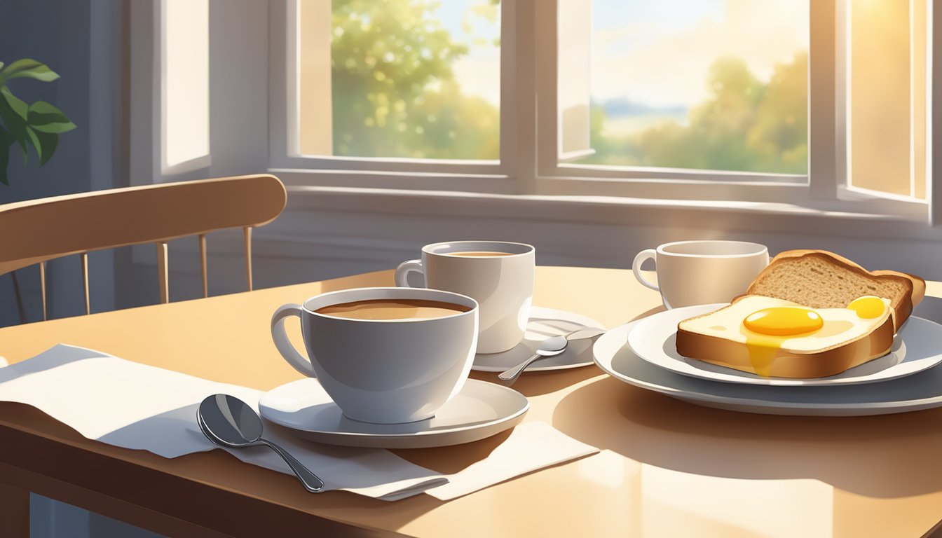 A table set with a plate of eggs, toast, and a cup of coffee, with morning light streaming through a window onto the scene