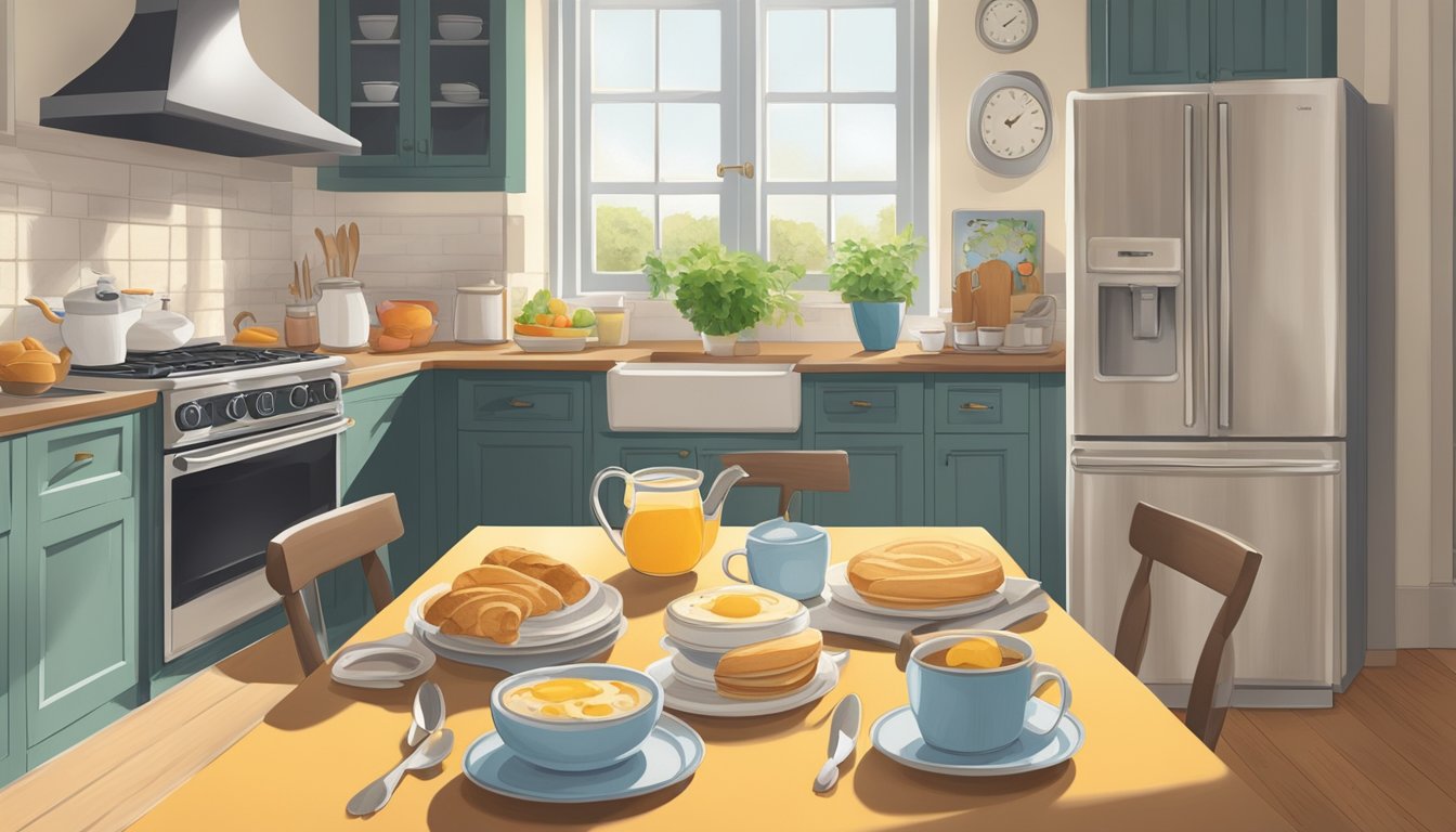 A serene kitchen scene with an untouched breakfast spread, while a clock on the wall reads mid-morning