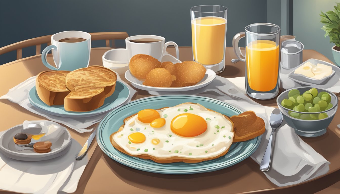 A table set for breakfast, with untouched food and a clock showing a late morning time