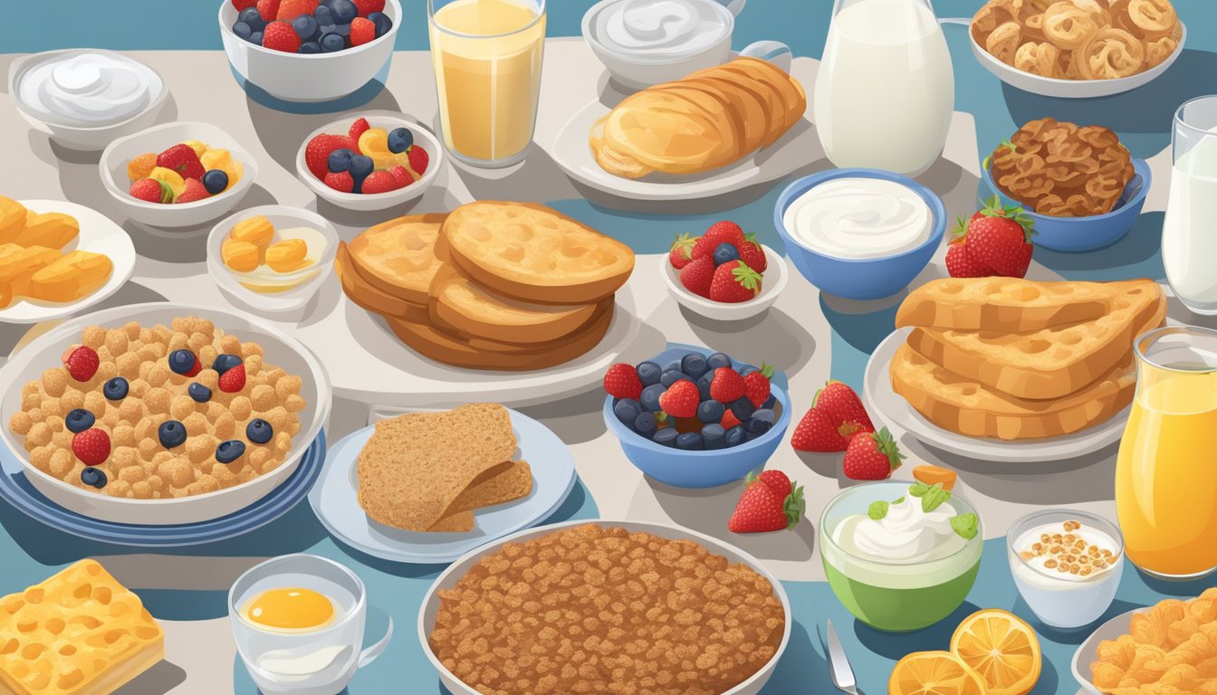 A table with unhealthy breakfast options: sugary cereals, pastries, and fried foods, contrasted with fresh fruits, whole grain bread, and yogurt