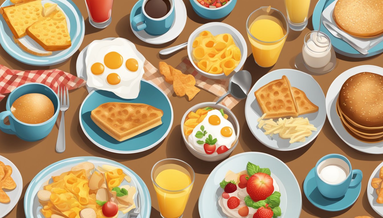 A table set with a variety of unhealthy breakfast foods, surrounded by warning signs and red flags