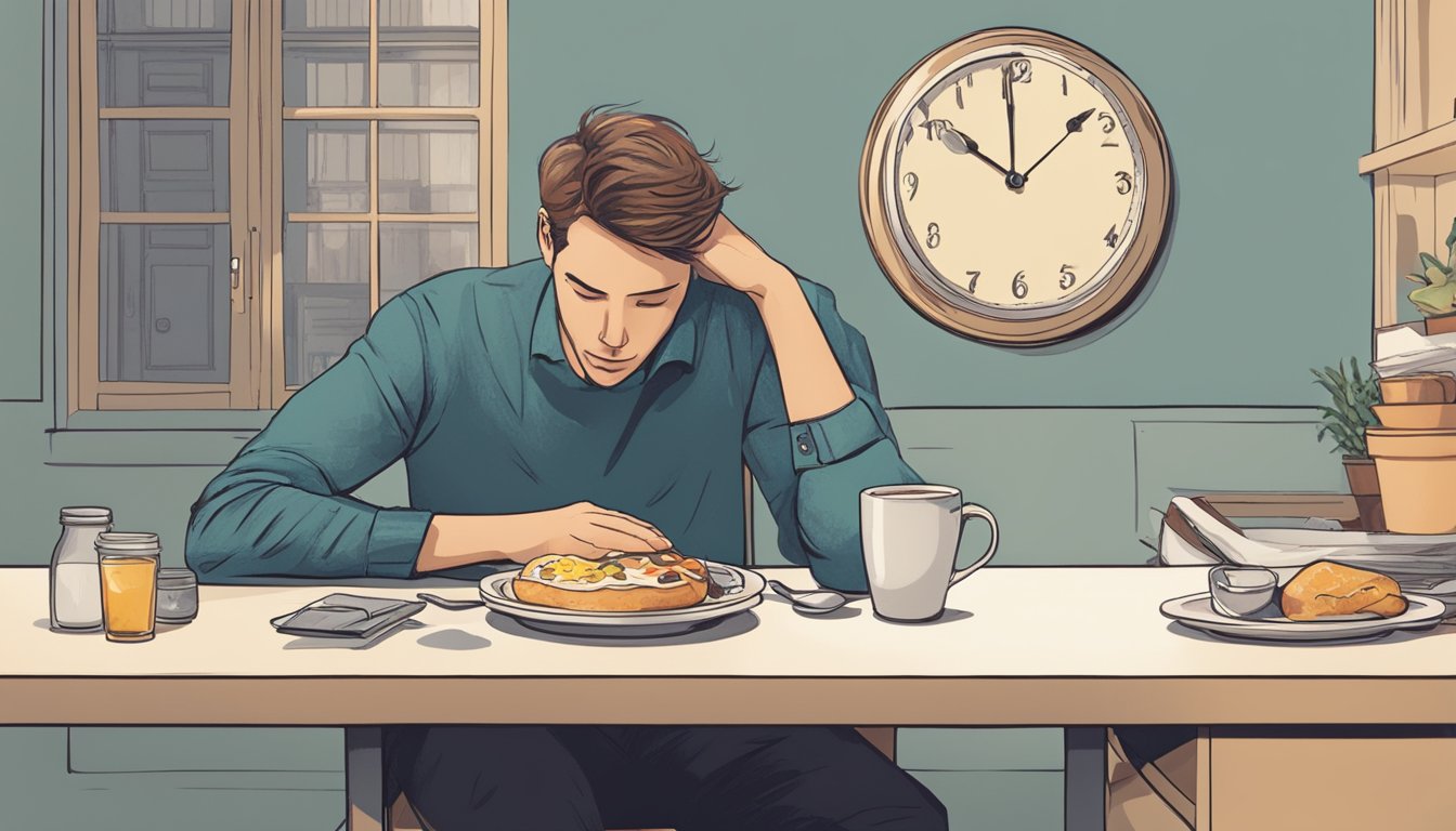 A person sitting at a table with a half-eaten breakfast, looking fatigued and unfocused, while a clock on the wall shows it's still early morning