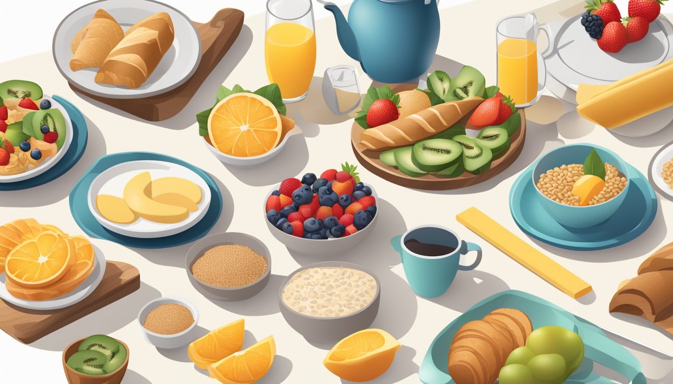 A table with a variety of breakfast options, including fruits, whole grains, and lean proteins, surrounded by exercise equipment and a scale