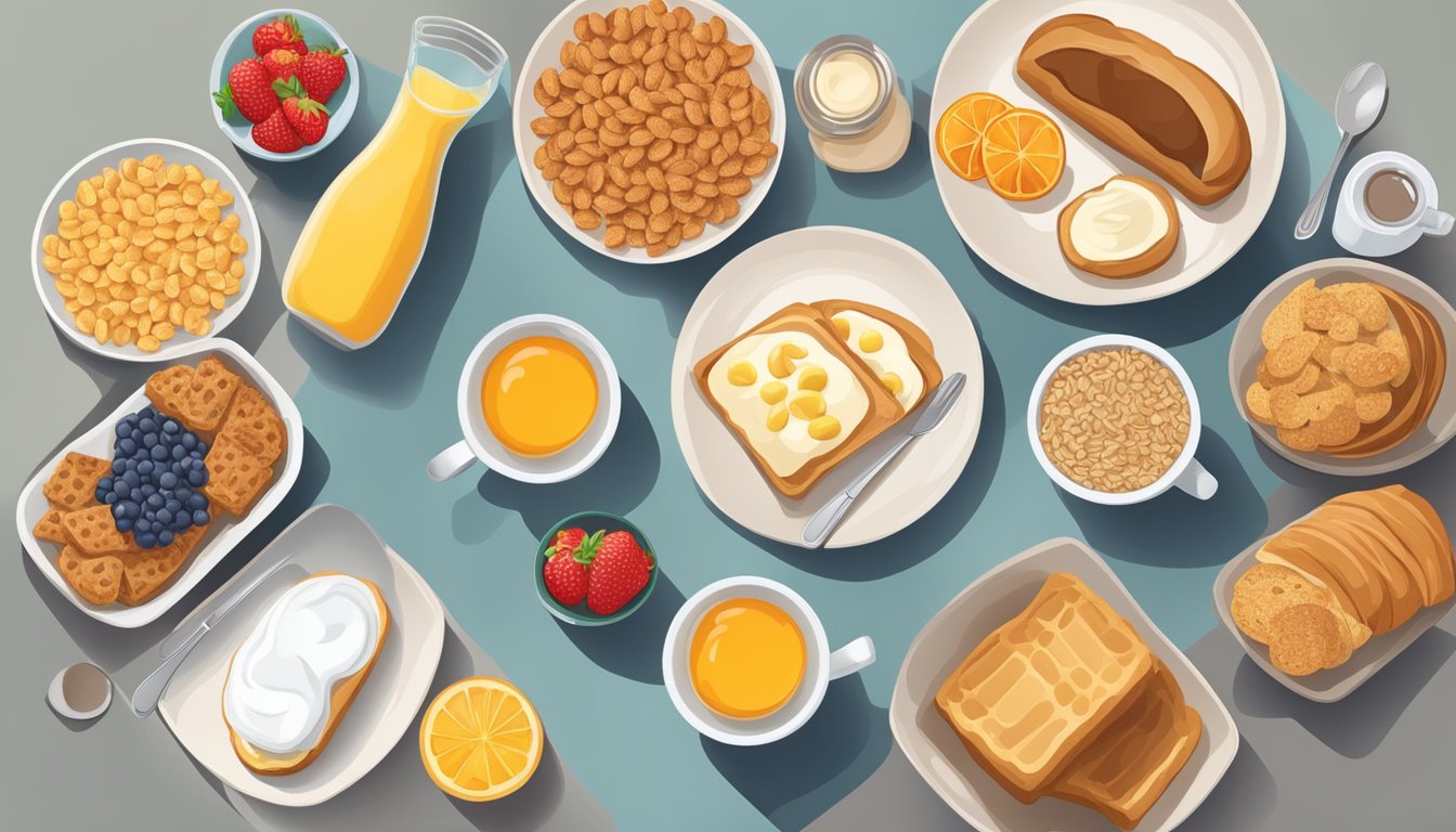 A table set for breakfast with unhealthy options like sugary cereals and pastries, contrasting with a plate of fresh fruits and whole grain bread