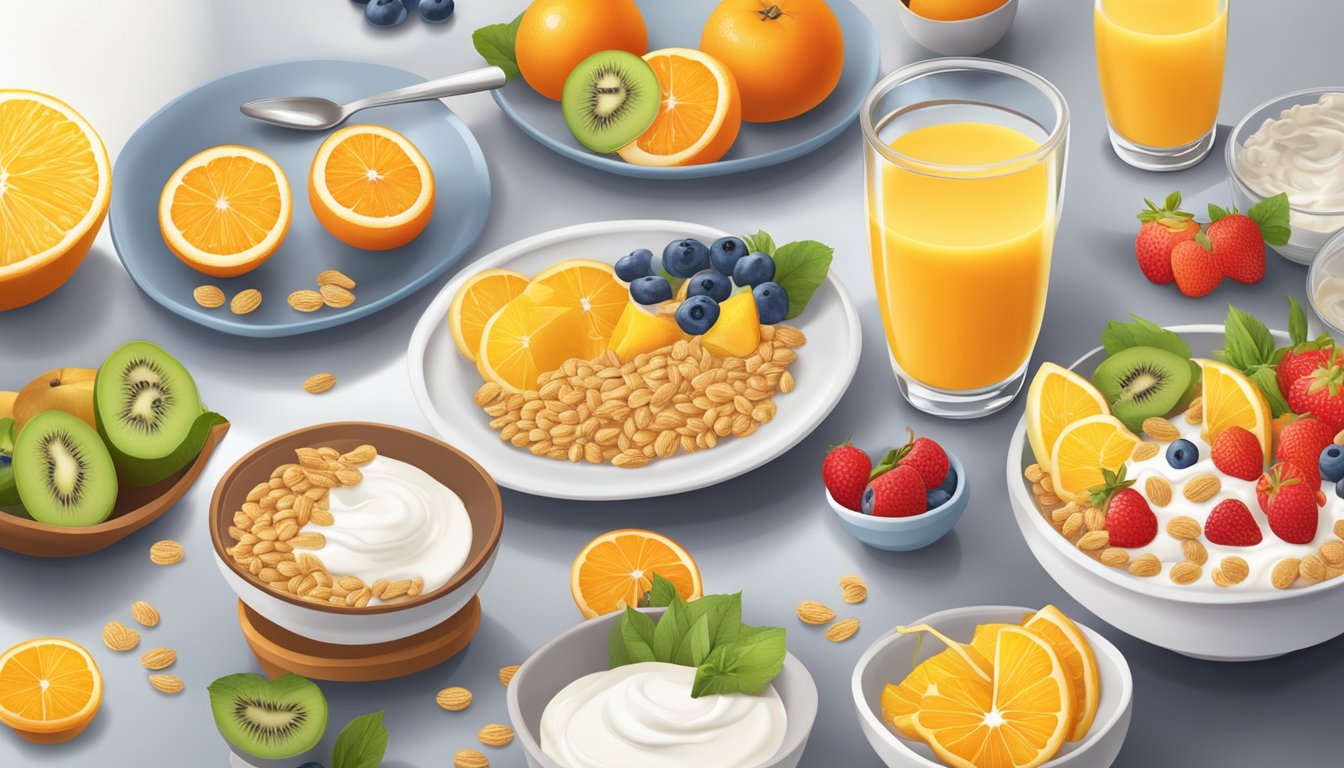 A table set with a colorful array of fruits, whole grain cereals, and yogurt, with a glass of freshly squeezed orange juice