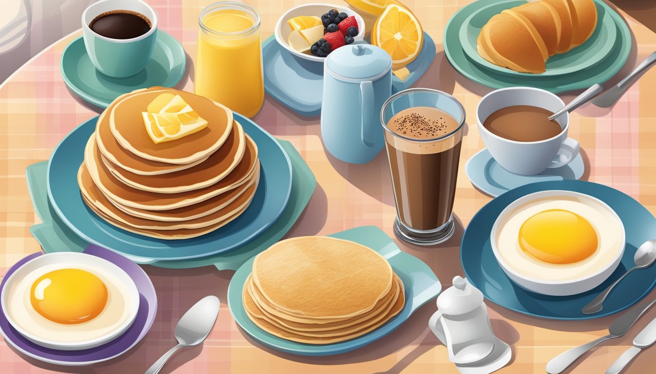 A table set with a colorful array of breakfast foods, including pancakes, eggs, fruit, and coffee