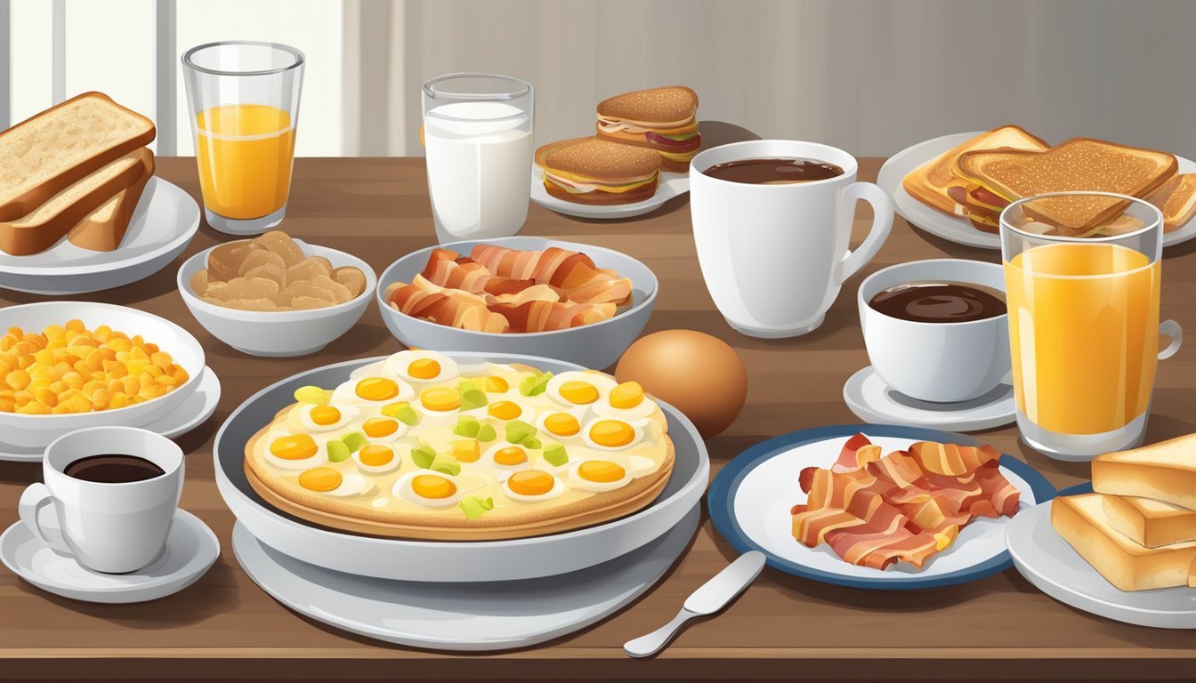 A table set with a variety of breakfast foods such as eggs, bacon, toast, cereal, fruit, and coffee