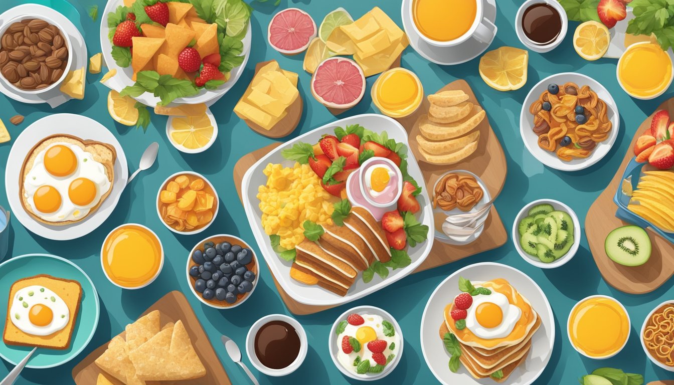 A table with a variety of breakfast foods arranged in a colorful and appetizing display, showcasing different personalities through the food choices