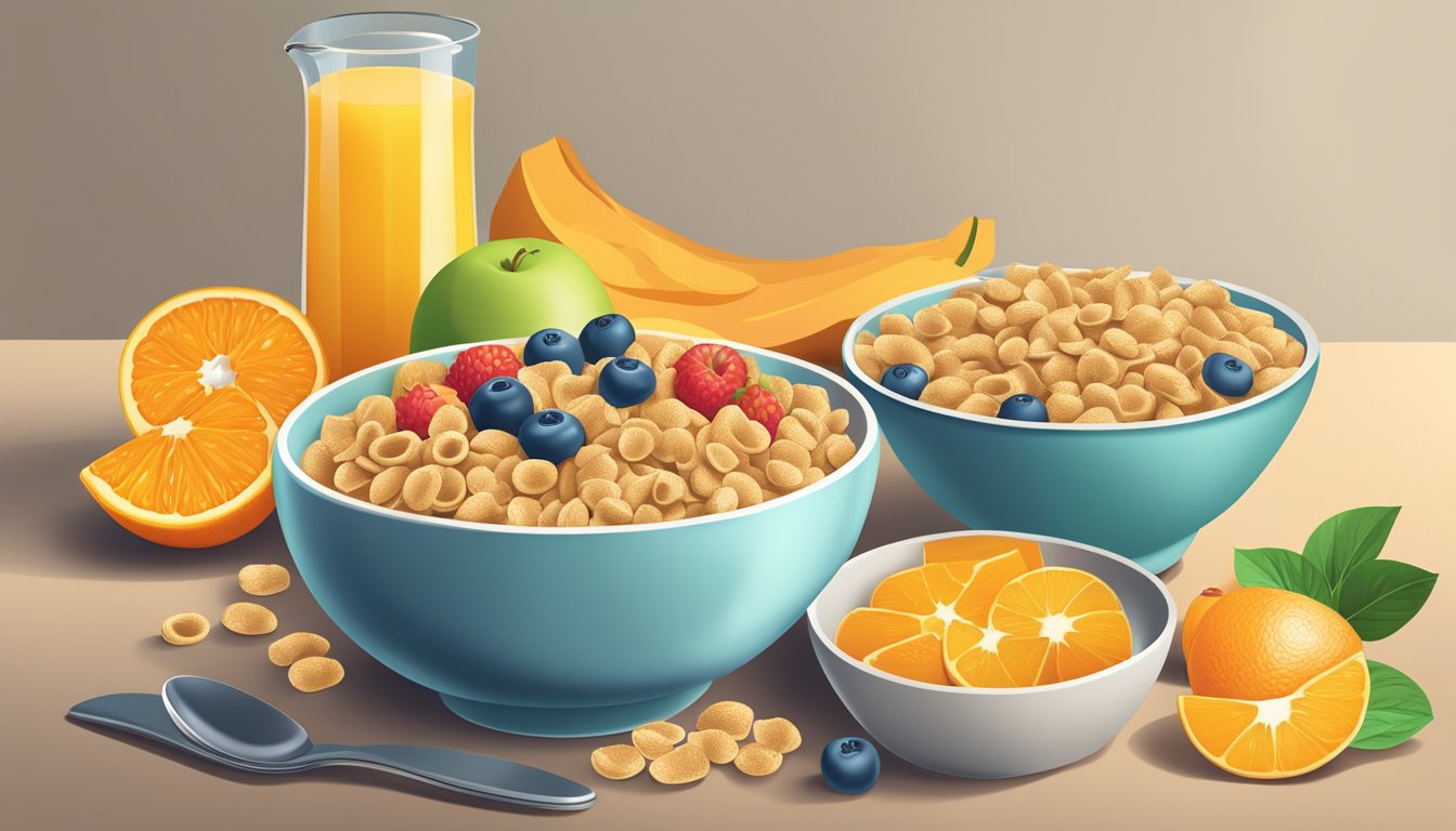 A bowl of fortified breakfast cereal surrounded by a variety of fruits and a glass of orange juice, with a vitamin B12 supplement bottle in the background