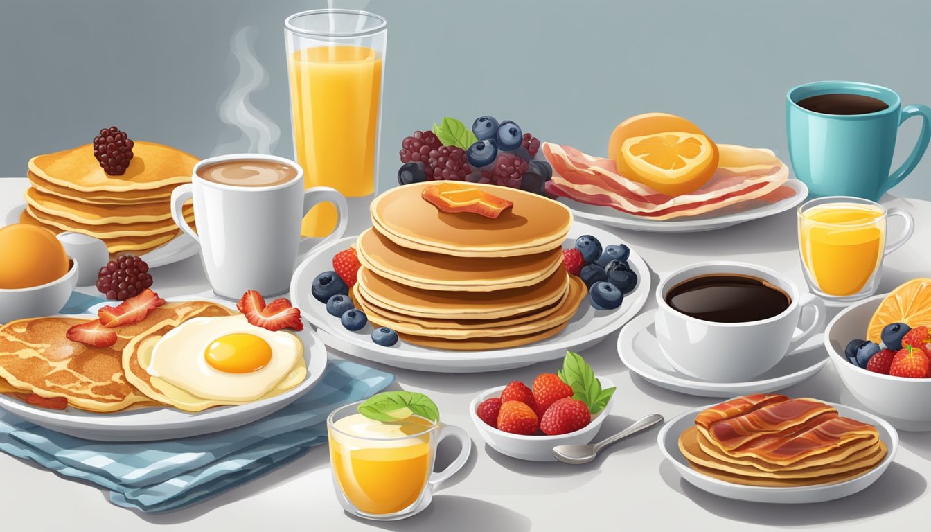 A table set with a colorful array of breakfast foods, including pancakes, eggs, bacon, fruit, and coffee