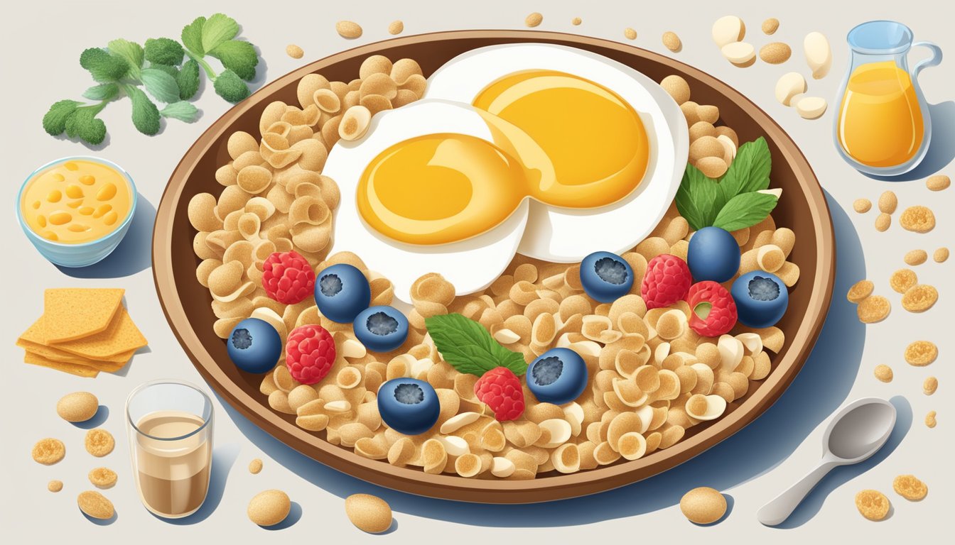 A bowl of breakfast cereal surrounded by various sources of Vitamin B12, such as eggs, milk, and fortified foods