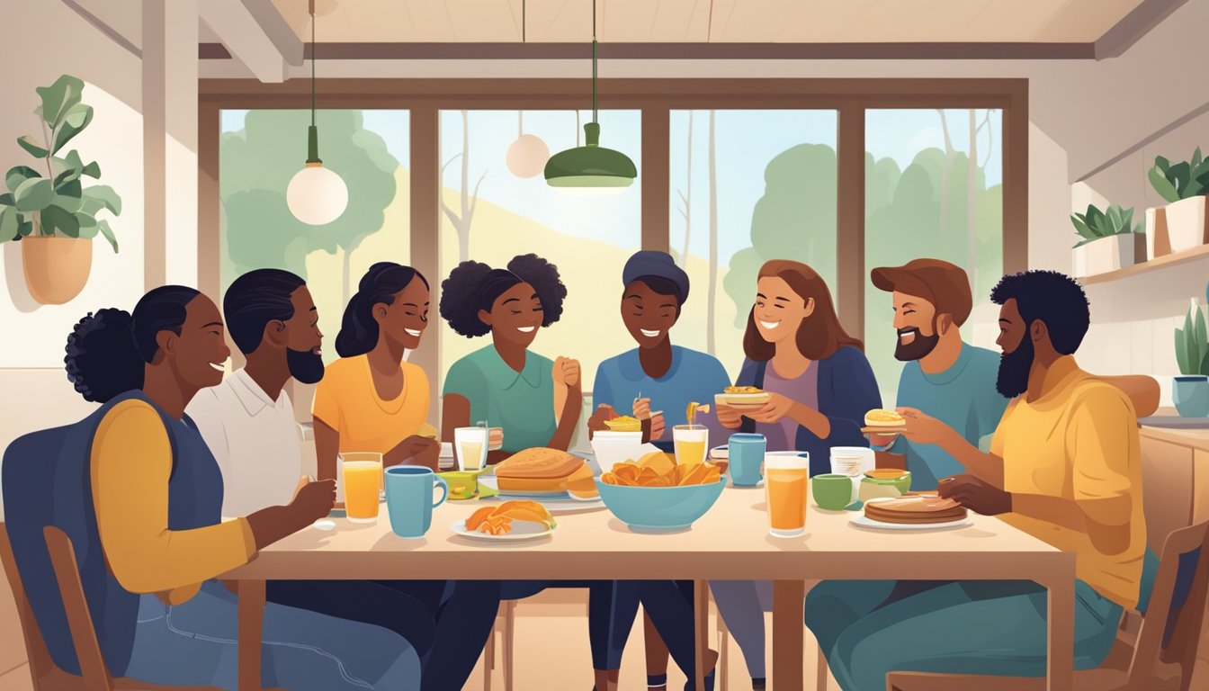 A diverse group enjoying breakfast together in a welcoming environment, with accommodations for various dietary needs and preferences