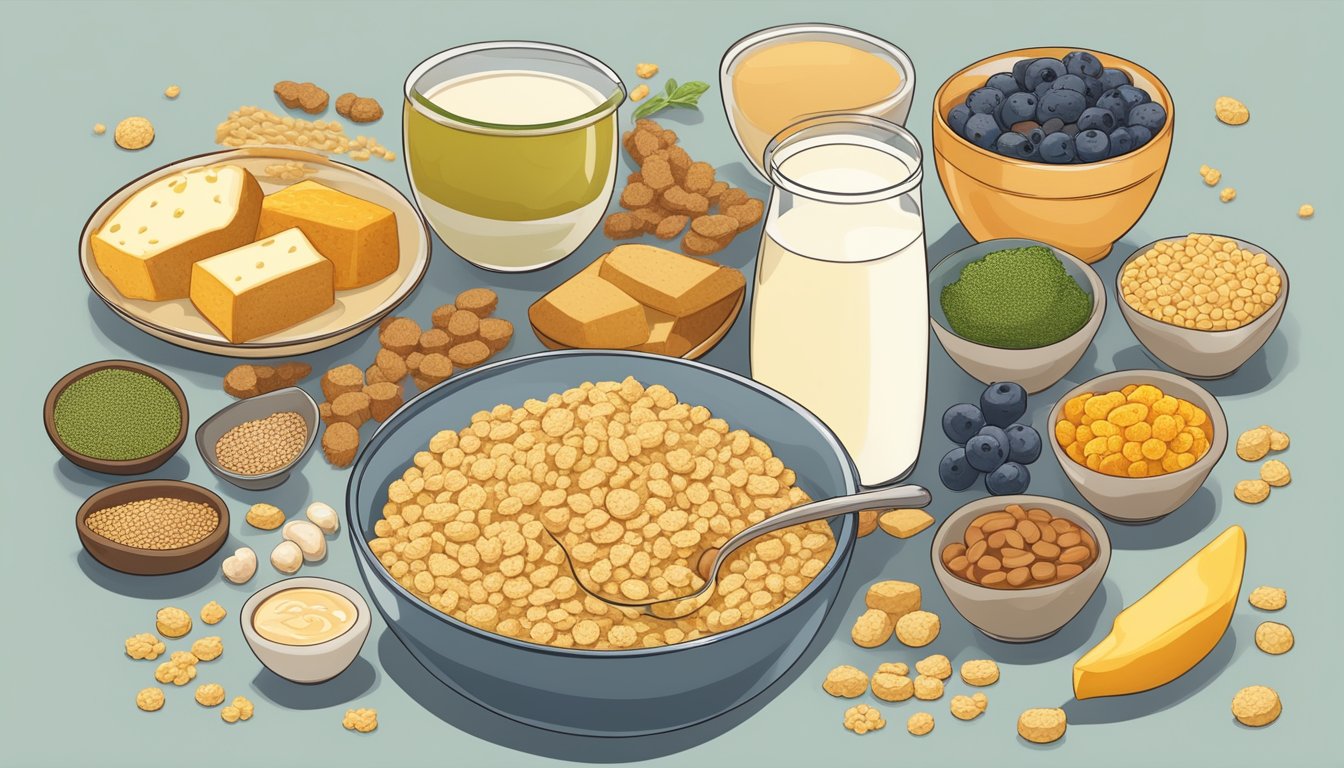 A bowl of fortified breakfast cereal surrounded by various alternative sources of Vitamin B12 such as fortified plant-based milk, nutritional yeast, and fortified tofu