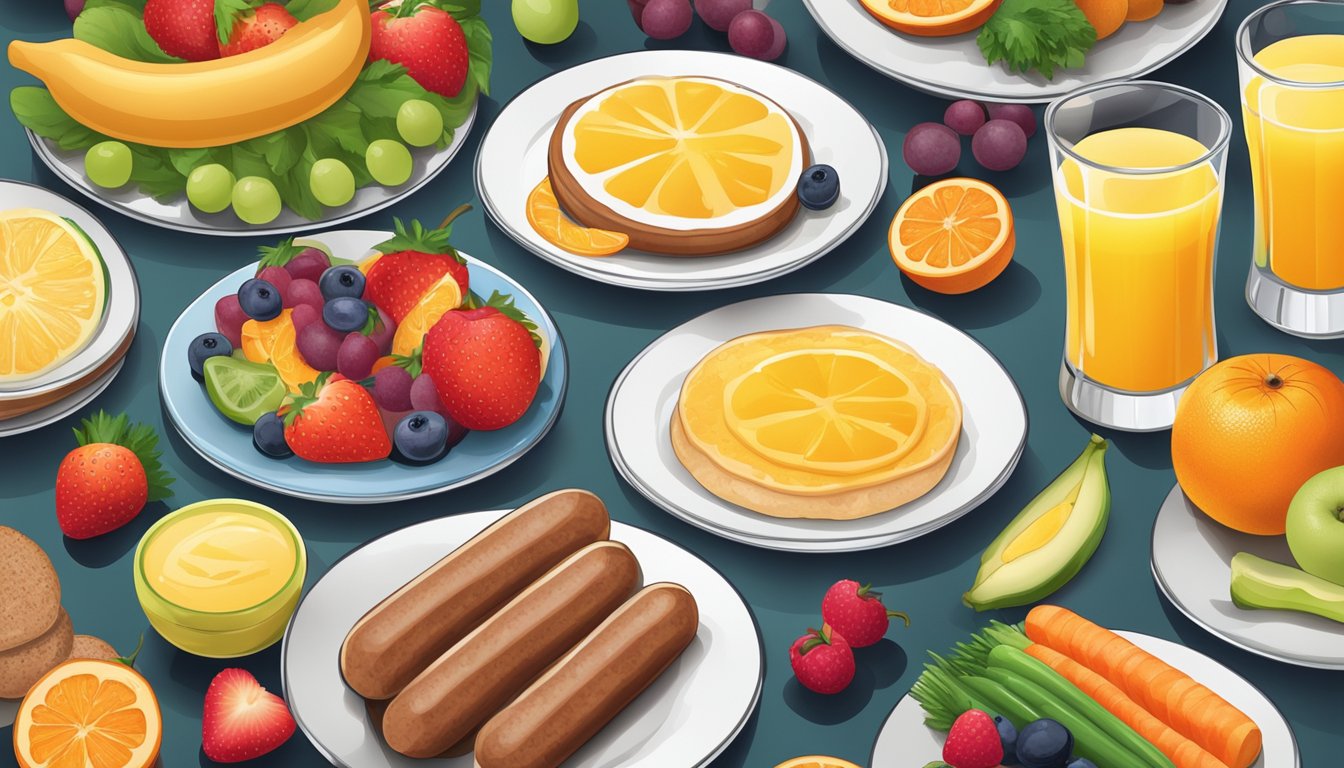 A plate of breakfast sausages surrounded by a variety of colorful fruits and vegetables, with a glass of orange juice next to it