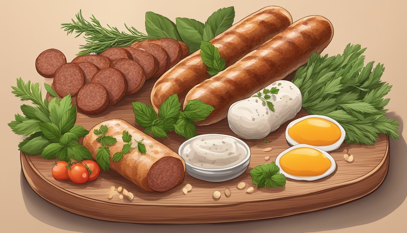 A variety of breakfast sausages arranged on a wooden cutting board, surrounded by fresh herbs and spices