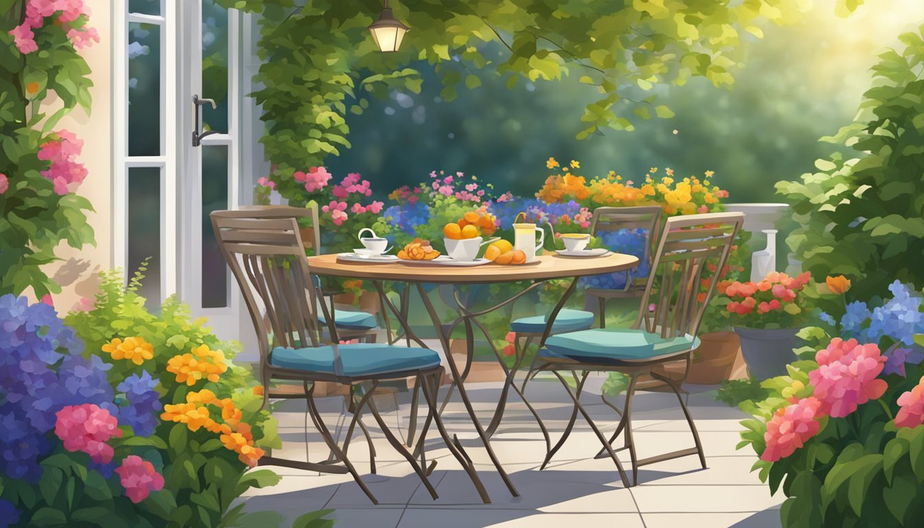 A cozy outdoor garden setting with tables set for breakfast, surrounded by lush greenery and colorful flowers