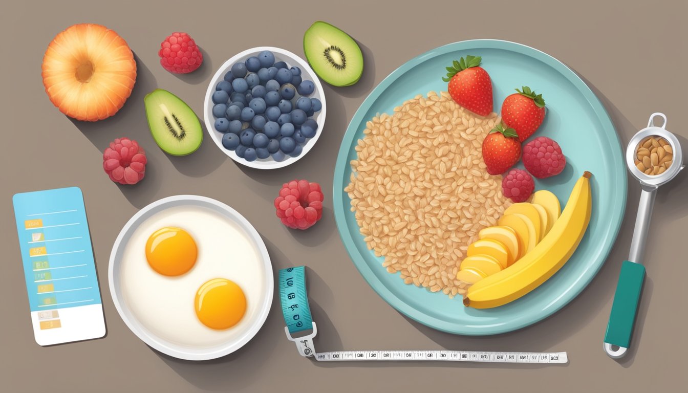 A balanced breakfast plate with fruits, whole grains, and protein, next to a measuring tape and a scale