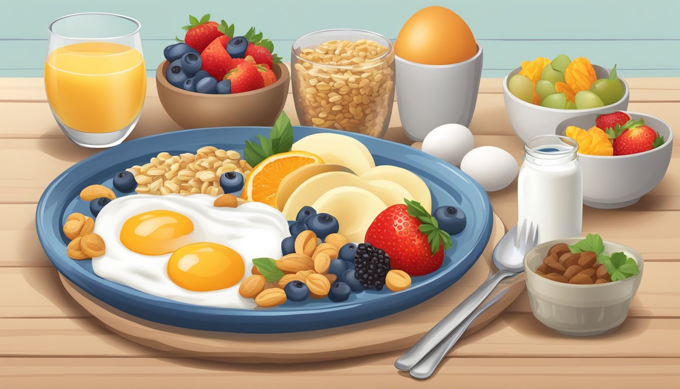 A table set with a variety of breakfast foods, including fruits, cereals, eggs, and yogurt, with their nutritional information displayed next to each item