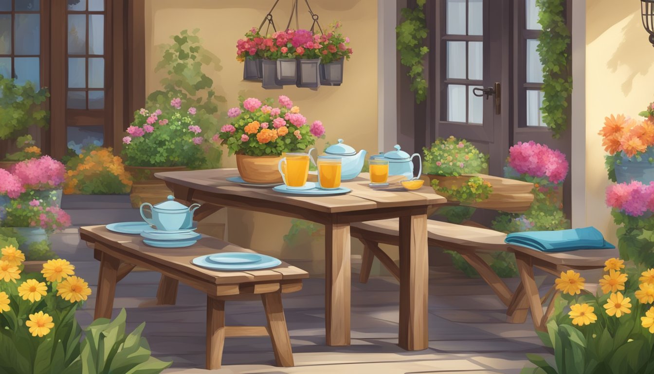 A cozy garden setting with a rustic, wooden breakfast table set with colorful dishes and fresh flowers. A sign with pricing and packages displayed near the entrance