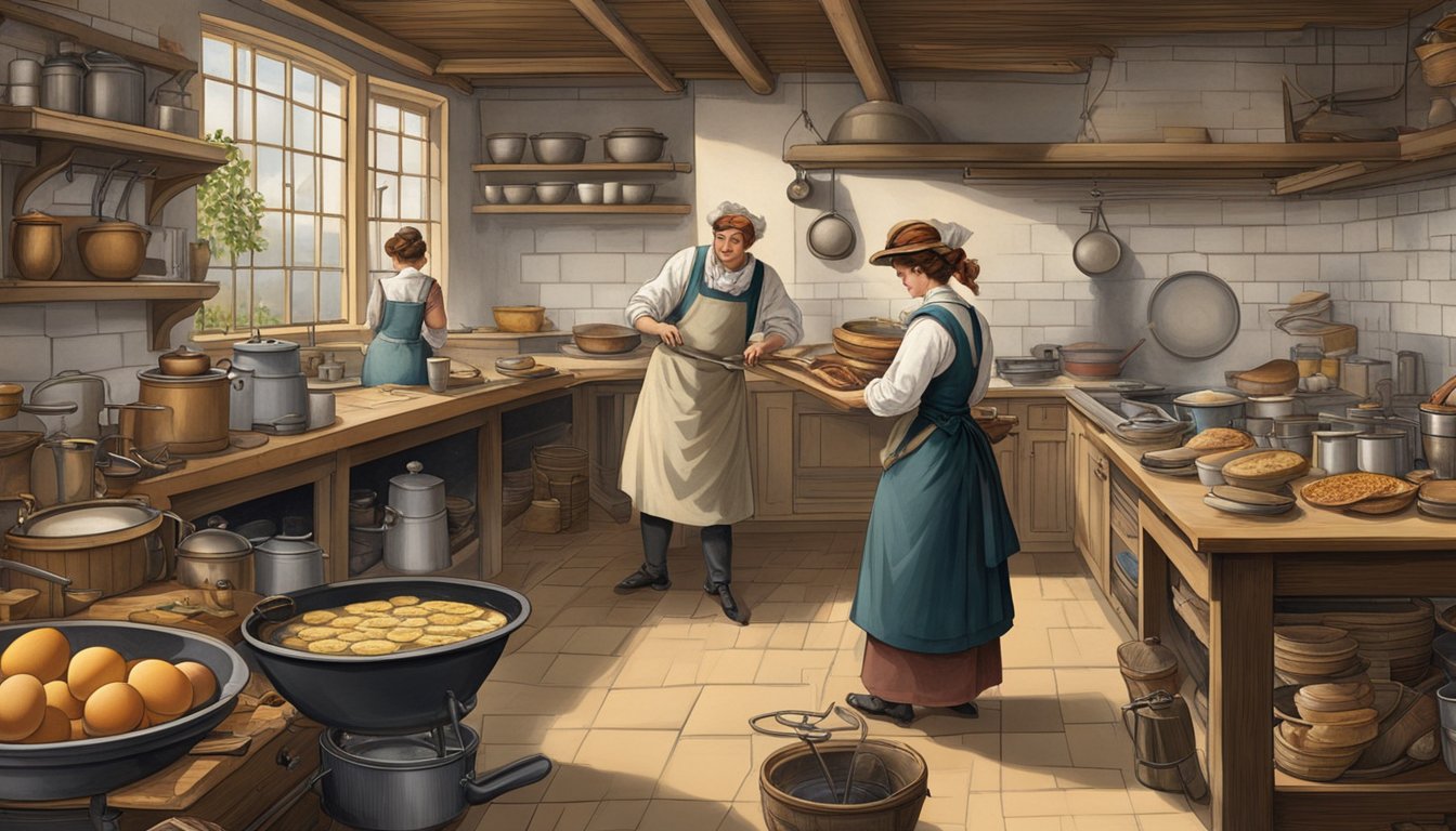 A bustling 19th century kitchen with a cook preparing a spread of pioneering breakfast foods such as pancakes, bacon, and eggs