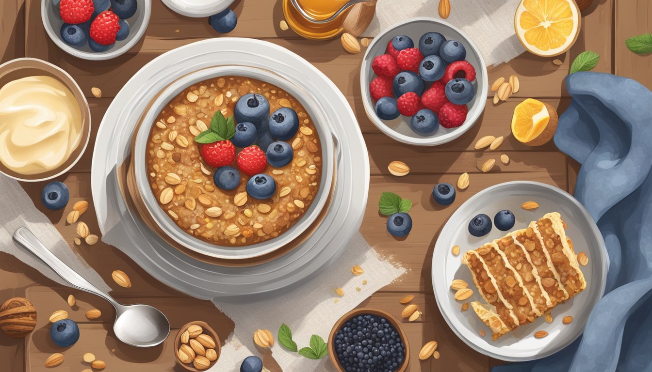 A rustic kitchen table with a steaming, golden-brown baked oatmeal dish surrounded by fresh berries, nuts, and a drizzle of honey