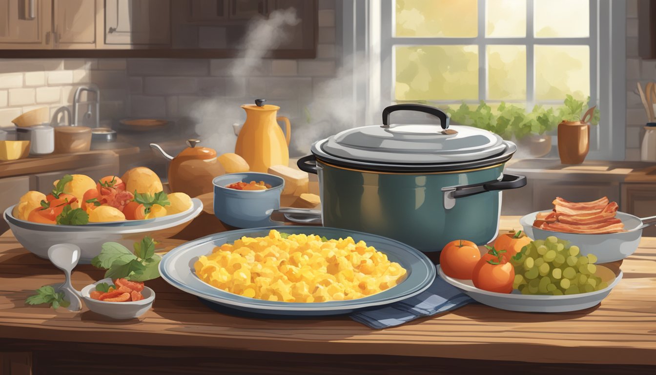 A cozy kitchen with a steaming casserole dish on a rustic table, surrounded by plates of scrambled eggs, bacon, and fresh fruit