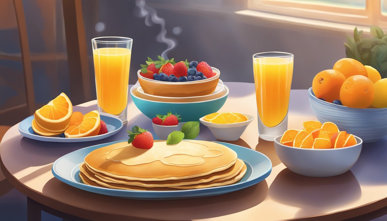 A plate of steaming pancakes sits on a sunlit table, surrounded by a colorful array of fresh fruit and a tall glass of orange juice