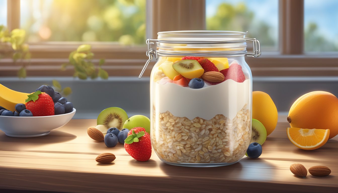 A jar of overnight oats surrounded by fresh fruits and nuts on a wooden table, with a soft morning light streaming in through a window