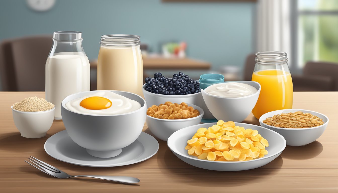 A table with a variety of breakfast foods such as eggs, fruit, yogurt, and whole grain cereal, along with nutritional labels and measuring tools