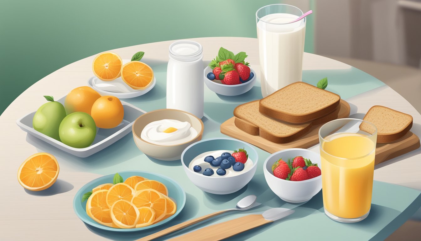 A table set with a healthy breakfast spread, including fruits, yogurt, and whole grain toast, with a toothbrush and toothpaste nearby