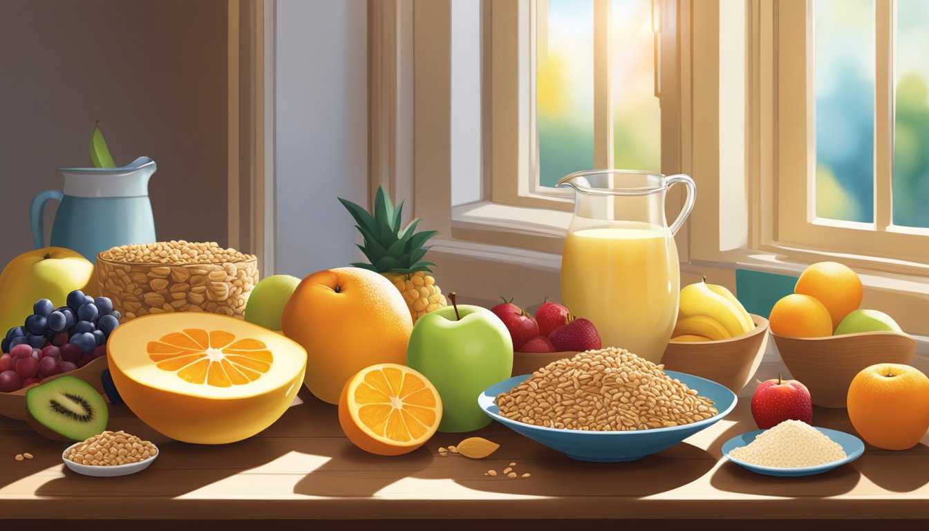 A colorful array of fruits, whole grains, and dairy products arranged on a table, with the morning sunlight streaming in through a window