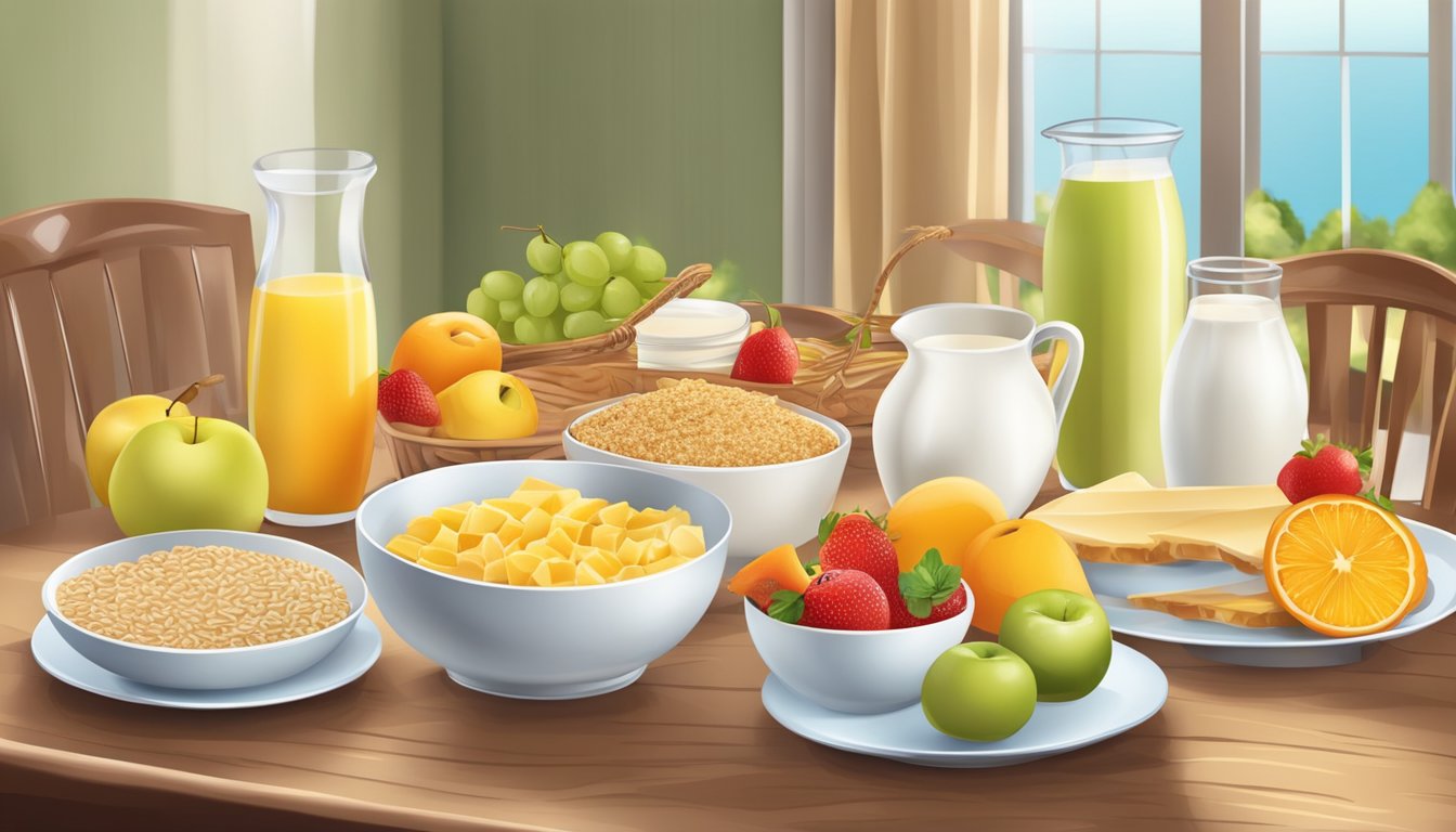 A table set with a variety of nutritious breakfast foods, including fruits, whole grains, and dairy products, with a bright and inviting atmosphere