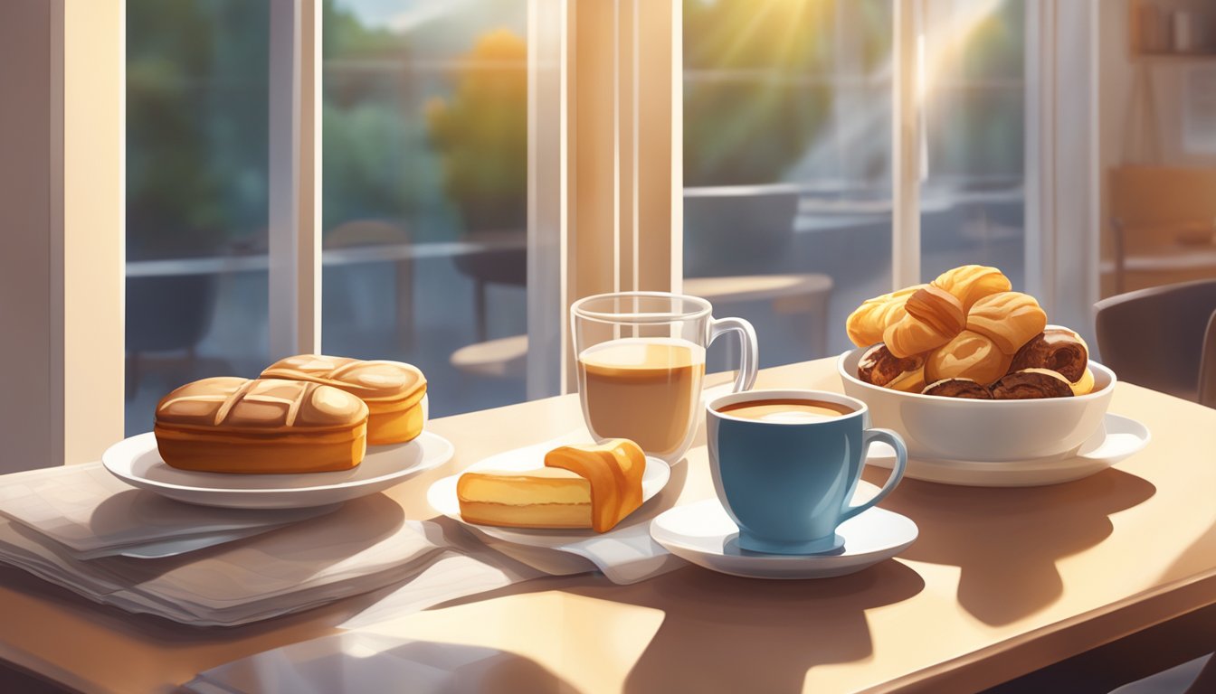 A cozy cafe with a spread of breakfast pastries and a steaming cup of coffee on a table. Sunlight streams through the window onto the inviting scene